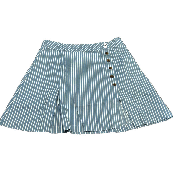 Soncy Mini Flare Skirt Women Sz 1 14/16 Blue/White Stripe Flat Front Button-Up - Picture 1 of 7